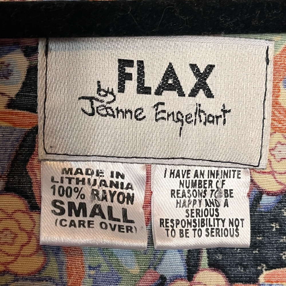 FLAX Black Short-Sleeve Button-Down Shirt Multicolor Floral Print Rayon Sz Small - Picture 5 of 7